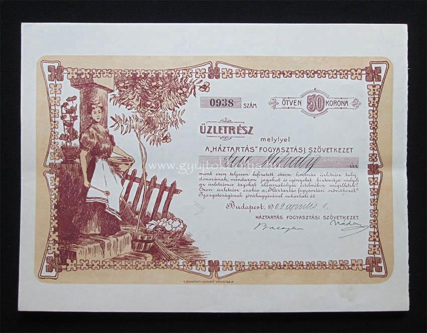 Háztartás Fogyasztási Szövetkezet üzletrész 50 korona 1909